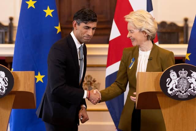 Rishi Sunak and European Commission chief Ursula von der Leyen shake hands during a joint press conference about the 'Windsor Framework' for Northern Ireland (Picture: Dan Kitwood/pool/AFP via Getty Images)