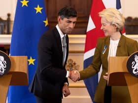 Rishi Sunak and European Commission chief Ursula von der Leyen shake hands during a joint press conference about the 'Windsor Framework' for Northern Ireland (Picture: Dan Kitwood/pool/AFP via Getty Images)