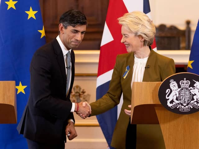 Rishi Sunak and European Commission chief Ursula von der Leyen shake hands during a joint press conference about the 'Windsor Framework' for Northern Ireland (Picture: Dan Kitwood/pool/AFP via Getty Images)