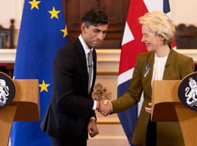 Rishi Sunak and European Commission chief Ursula von der Leyen shake hands during a joint press conference about the 'Windsor Framework' for Northern Ireland (Picture: Dan Kitwood/pool/AFP via Getty Images)
