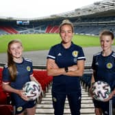 Scotland goalkeeper Lee Alexander is pictured with two young supporters during a Girls’ and Women’s Strategy Launch at Hampden on July 22, 2021, in Glasgow, Scotland. (Photo by Craig Williamson / SNS Group)