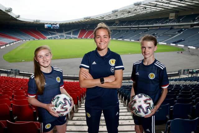 Scotland goalkeeper Lee Alexander is pictured with two young supporters during a Girls’ and Women’s Strategy Launch at Hampden on July 22, 2021, in Glasgow, Scotland. (Photo by Craig Williamson / SNS Group)
