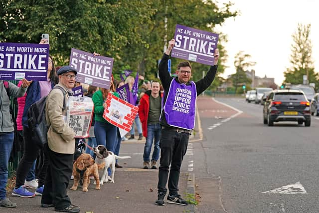 School support workers, who are members of Unison, on the picket line at Portobello High School in Edinburgh. Photo: Jane Barlow/PA Wire