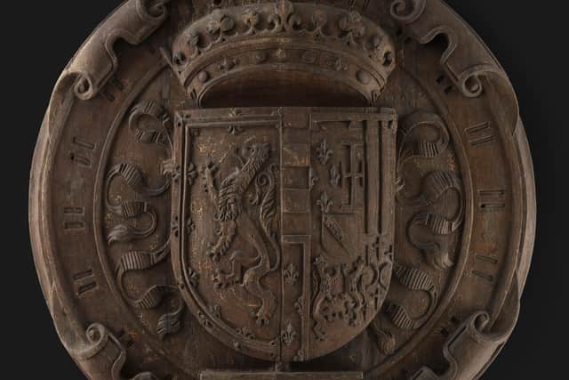 The armorial panel which depicts the marriage of James V and Mary de Guise, with their individual crests - which include the Lion Rampant to the left- surmounted by a Crown. PIC: NMS.