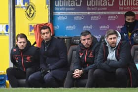 Rangers manager Giovanni Van Bronckhorst (centre), already has Dave Vos (left) and Roy MaKaay on his coaching staff an has now added Ceri Bowley. (Photo by Rob Casey / SNS Group)