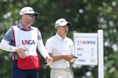 Collin Morikawa talks with caddie Jonathan Jakovac on the ninth tee during the second round of the 122nd US Open at The Country Club in Brookline. Picture: Warren Little/Getty Images.