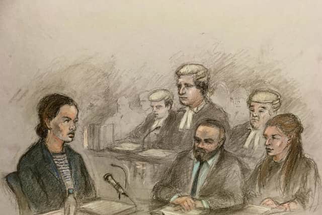 Court artist sketch by Elizabeth Cook of Coleen Rooney's barrister David Sherborne (centre back) questioning Rebekah Vardy (left) as she gives evidence at the Royal Courts Of Justice, London, as Coleen (right) and Wayne (second right) Rooney watch.