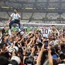 Lionel Messi leads the Argentina celebrations after the victory over France in the World Cup final.