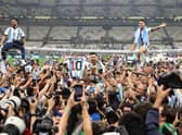Lionel Messi leads the Argentina celebrations after the victory over France in the World Cup final.
