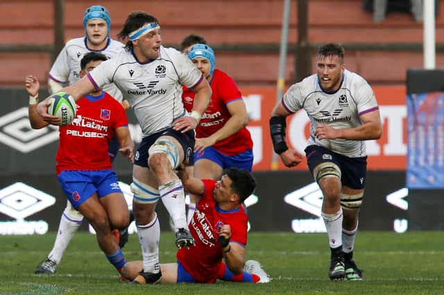 Ben Muncaster looks to find the supporting Matt Fagerson as Scotland take the game to Chile in Santiago. (Photo by Marcelo Hernandez/Getty Images)