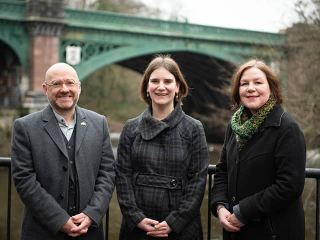 From left: Patrick Harvie MSP, newly-elected councillor Seonad Hoy, and Councillor Martha Wardrop. Image: Scottish Greens.