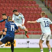 Kenny McLean heads towards goal during Scotland's clash with Slovakia. Picture: PA