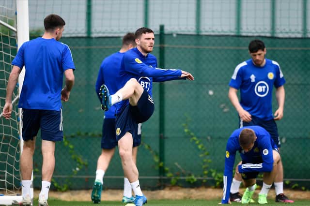 Andy Robertson leads training in Alicante on the eve of tonight's friendly against the Netherlands in Portugal  (Photo by Jose Breton / SNS Group)