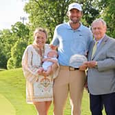 Scottie Scheffler celebrates his win in the Memorial Tournament presented by Workday with wife Meredith, son Bennett Scheffler, tournament host Jack Nicklaus and Barbara Nicklaus at Muirfield Village Golf Club in Dublin, Ohio. Picture: Michael Reaves/Getty Images.