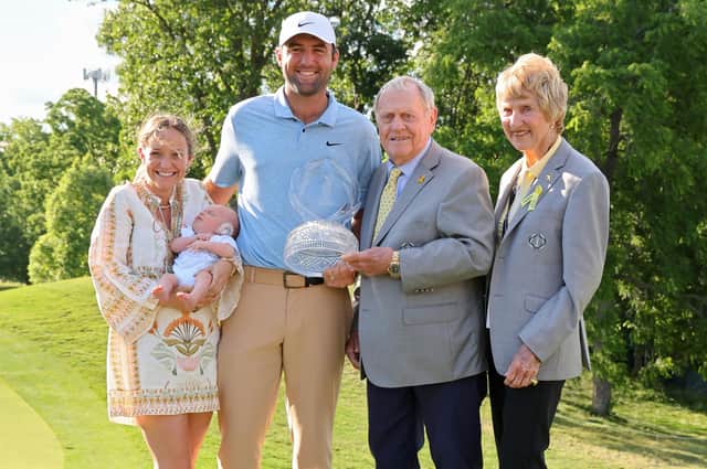 Scottie Scheffler celebrates his win in the Memorial Tournament presented by Workday with wife Meredith, son Bennett Scheffler, tournament host Jack Nicklaus and Barbara Nicklaus at Muirfield Village Golf Club in Dublin, Ohio. Picture: Michael Reaves/Getty Images.