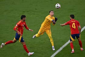 Croatia goalkeeper and reported Celtic target Dominik Livakovic in action during the 3-0 defeat to Spain at Euro 2024. (Photo by GABRIEL BOUYS / AFP) (Photo by GABRIEL BOUYS/AFP via Getty Images)