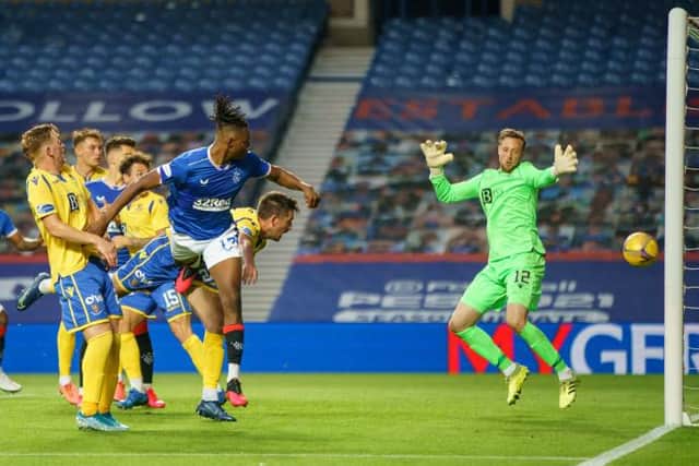 Rangers' Joe Aribo heads home to make it 3-0 during a Scottish Premiership match between Rangers and St Johnstone at Ibrox, on August 12, 2020, in Glasgow, Scotland.
(Photo by Stuart Wallace - Shutterstock / Pool via SNS Group)
