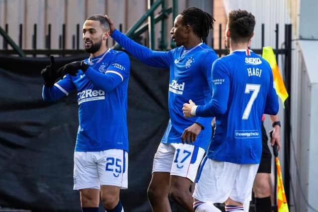 Kemar Roofe celebrates with Joe Aribo and Ianis Hagi after putting Rangers 1-0 up against St Mirren in Paisley. (Photo by Alan Harvey / SNS Group)
