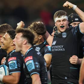 Glasgow Warriors' Scott Cummings celebrates at full time after the BKT United Rugby Championship play-off quarter-final win over the DHL Stormers at Scotstoun Stadium, on June 08, 2024. (Photo by Ross MacDonald / SNS Group)