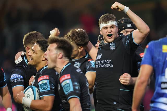 Glasgow Warriors' Scott Cummings celebrates at full time after the BKT United Rugby Championship play-off quarter-final win over the DHL Stormers at Scotstoun Stadium, on June 08, 2024. (Photo by Ross MacDonald / SNS Group)