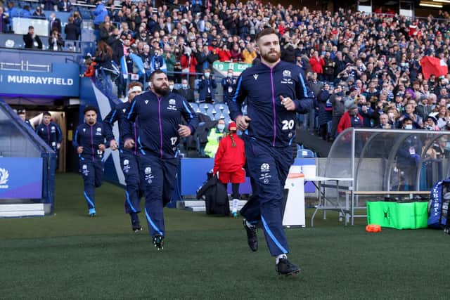 Luke Crosbie runs out at BT Murrayfield ahead of his Scotland debut against Tonga. (Photo by Craig Williamson / SNS Group)