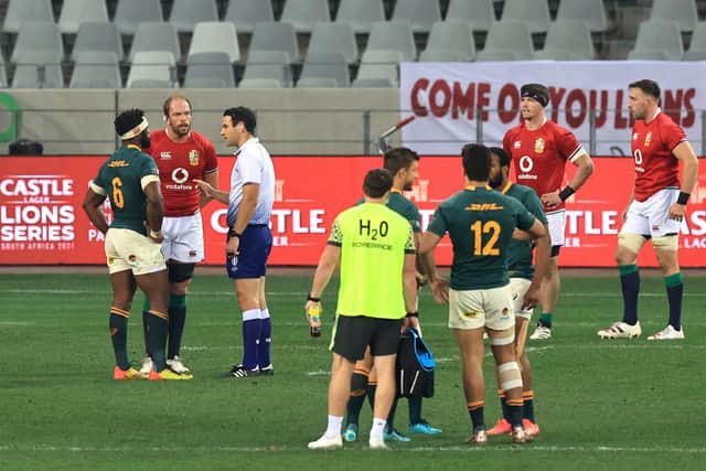 Referee Ben O'Keeffe had to talks to captains Siya Kolisi of South Africa and Alun Wyn Jones of the Lions. Picture: David Rogers/Getty Images