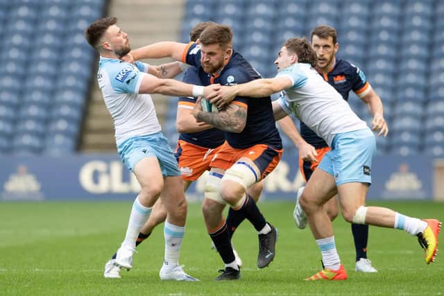 Edinburgh's Luke Crosbie during a United Rugby Championship match between Edinburgh Rugby and Glasgow Warriors for the 1872 Cup at BT Murrayfield, on May 21, 2022, in Edinburgh, Scotland.