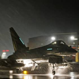 A Royal Air Force Typhoon FGR4 taking off to carry out air strikes against Houthi military targets in Yemen from RAF Akrotiri in Cyprus. Picture: Jake Green/MoD/AFP via Getty Images