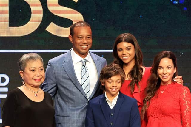 Tiger Woods with mym Kultida, children Sam and and Charlie and girlfriend Erica Herman prior to induction into the World Golf Hall of Fame in Ponte Vedra Beach, Florida. Picture: Sam Greenwood/Getty Images.