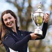 Grace Crawford shows off the trophy after winning the R&A Girls Under-16 Amateur Championship at Enville Golf Club in Stourbridge. Picture: Naomi Baker/R&A/R&A via Getty Images.