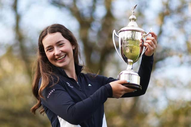 Grace Crawford shows off the trophy after winning the R&A Girls Under-16 Amateur Championship at Enville Golf Club in Stourbridge. Picture: Naomi Baker/R&A/R&A via Getty Images.