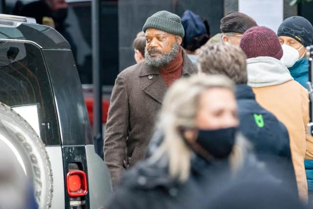 Samuel L. Jackson was spotted on streets of Leeds on Sunday 23rd January and is believed to be filming scenes for Secret Invasion. Photo: Alan Milner / SWNS.