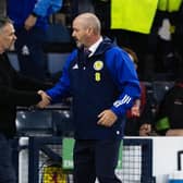 Scotland boss Steve Clarke shakes the hand of his counterpart Willy Sagnol after the 2-0 win over Georgia at Hampden.