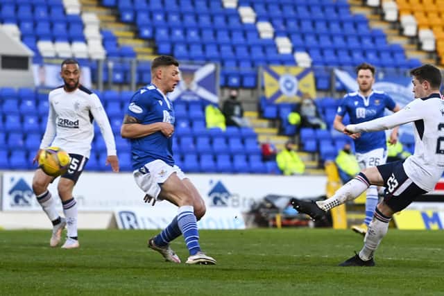Scott Wright scores to make it 1-0 Rangers during a Scottish Premiership match between St Johnstone and Rangers at McDiarmid Park, on April 21, 2021, in Perth, Scotland. (Photo by Rob Casey / SNS Group)