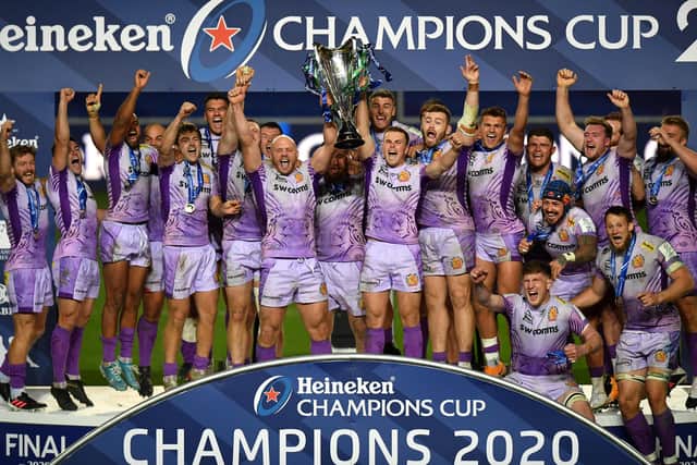 Exeter Chiefs celebrate their Heineken Champions Cup final win over Racing 92.