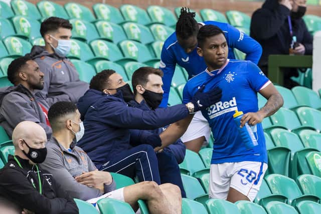 Rangers' Alfredo Morelos looks frustrated as he is taken off during the Scottish Premiership match between Celtic and Rangers at Celtic Park, on March 21, 2021, in Glasgow, Scotland. (Photo by Alan Harvey / SNS Group)