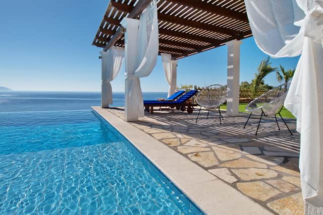 The pool overlooking the sea at Villa Kalypso, Crete, Greece.