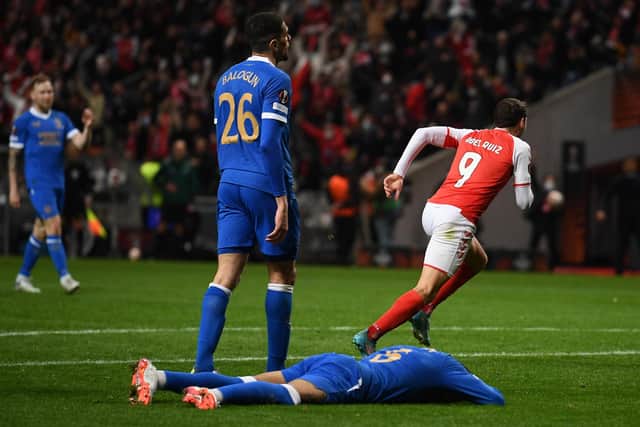 Abel Ruiz turns away to celebrate putting Braga ahead against Rangers in the first leg of the Europa League quarter-final. (Photo by Octavio Passos/Getty Images)