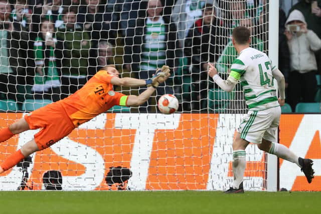 Celtic's Callum McGregor has his penalty saved by Denes Dibusz during the club's 2-0 Europa League group stage win at home to the Budapest side. (Photo by Alan Harvey / SNS Group)