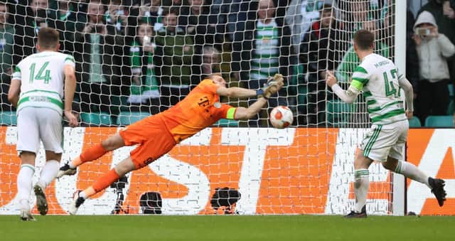Celtic's Callum McGregor has his penalty saved by Denes Dibusz during the club's 2-0  Europa League group stage win at home to the Budapest side.  (Photo by Alan Harvey / SNS Group)