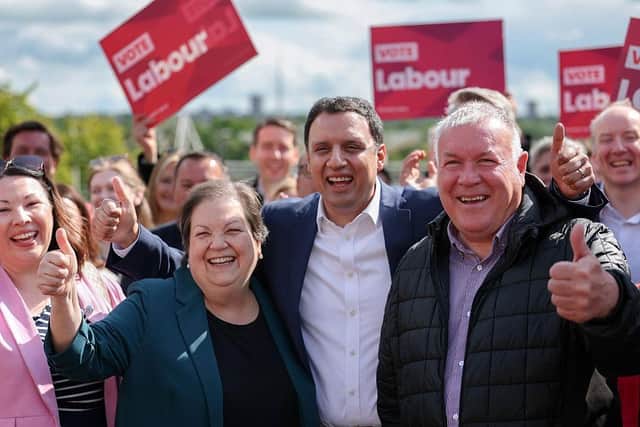 Scottish Labour Deputy leader Jackie Ballie, Scottish Labour leader Anas Sarwar and Davy Russell, newly elected Scottish Labour MSP for Hamilton, Larkhall and Stonehouse yesterday (Picture: Jeff J Mitchell/Getty Images)
