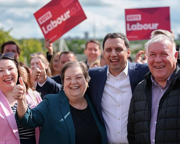 Scottish Labour Deputy leader Jackie Ballie, Scottish Labour leader Anas Sarwar and Davy Russell, newly elected Scottish Labour MSP for Hamilton, Larkhall and Stonehouse yesterday (Picture: Jeff J Mitchell/Getty Images)