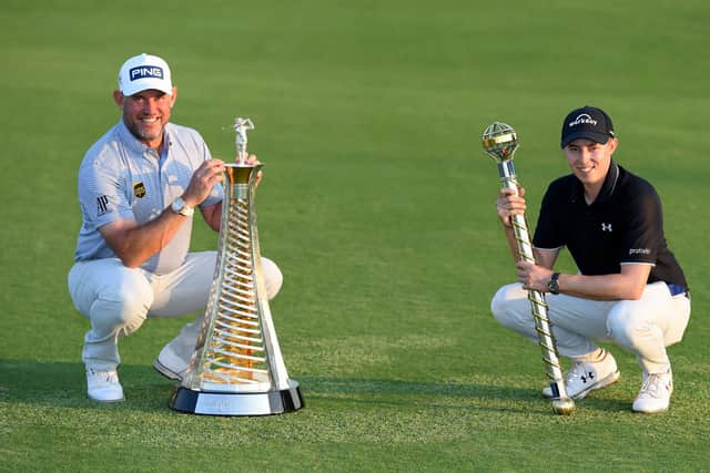 Lee Westwood with the Race to Dubai trophy and Matt Fitzpatrick with the Dubai Tour Championship trophy after the final round of the DP World Tour Championship at Jumeirah Golf Estates. Picture: Ross Kinnaird/Getty Images