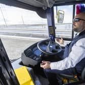 Autonomous bus ‘driver’ Stuart Doidge with his hands off the wheel while travelling over the Forth Road Bridge earlier this month