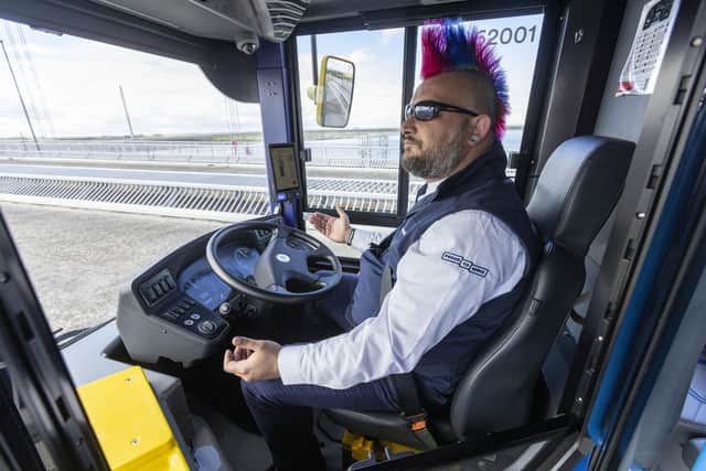 Autonomous bus ‘driver’ Stuart Doidge with his hands off the wheel while travelling over the Forth Road Bridge earlier this month