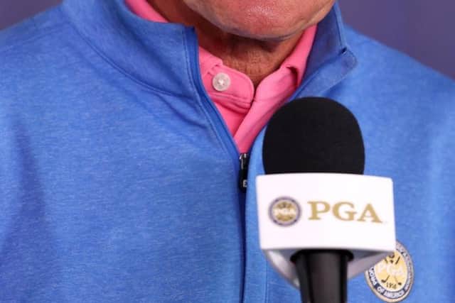 Kerry Haigh, the PGA of America's Chief Championships Officer, speaks to the media about the 105th PGA Championship at Oak Hill Country Club. Picture: Warren Little/Getty Images.