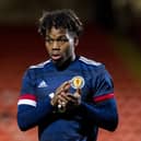 Dapo Mebude in action for Scotland Under-21s during a European Championship qualifier against Belgium at Tannadice Park in November 2021.  (Photo by Ross Parker / SNS Group)