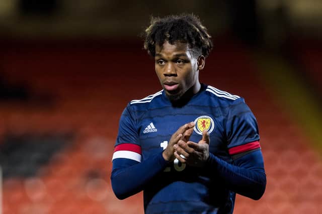 Dapo Mebude in action for Scotland Under-21s during a European Championship qualifier against Belgium at Tannadice Park in November 2021. (Photo by Ross Parker / SNS Group)