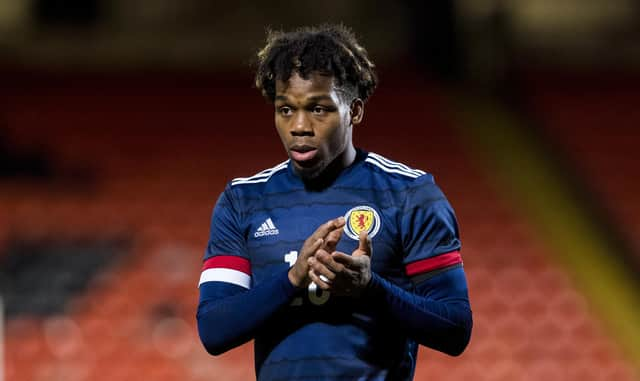 Dapo Mebude in action for Scotland Under-21s during a European Championship qualifier against Belgium at Tannadice Park in November 2021.  (Photo by Ross Parker / SNS Group)