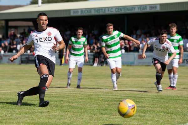 Aberdeen's Christian Ramirez scores a penalty to make it 1-1 during a pre-season friendly against Buckie Thistle.